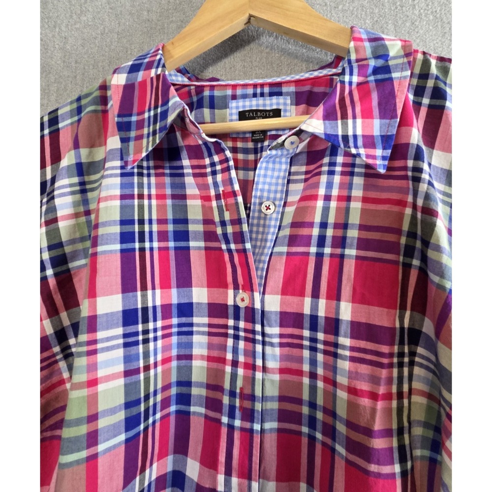 Talbots Plus 3X Oxford Shirt Button Up Blue Pink Plaid Preppy Collared Cottage